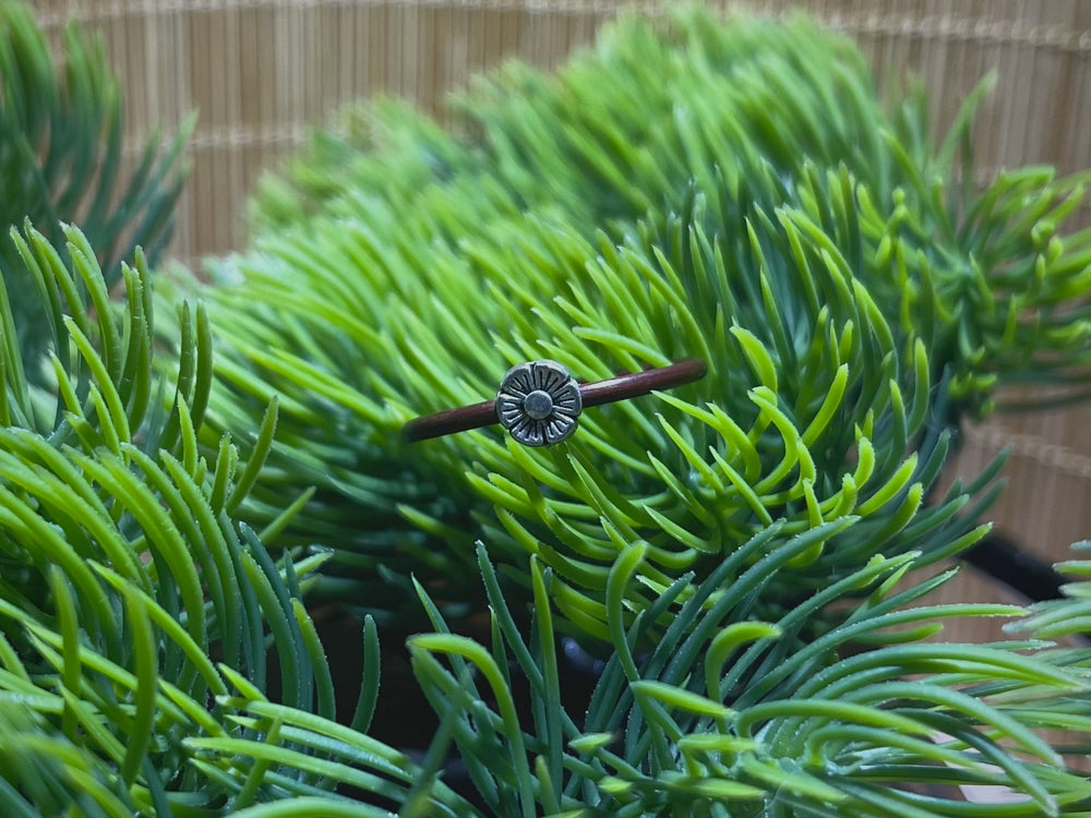 Little Flower Vine Ring, natural Spatholobus vine band with silver flower charm
