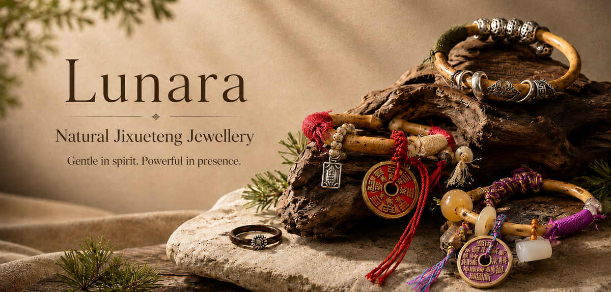 Lunara natural Jixueteng jewellery: vine bracelets and a ring arranged on stone and driftwood