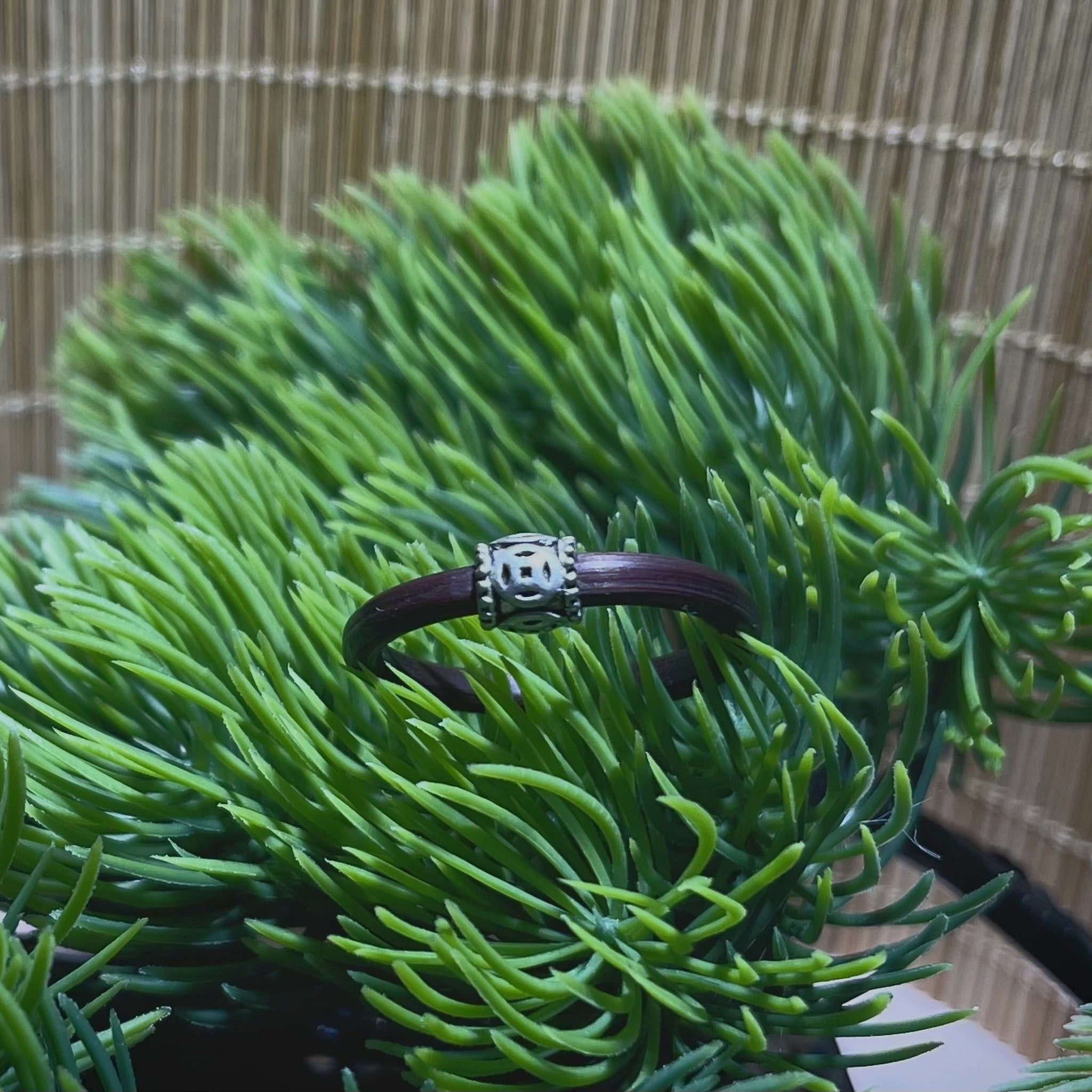 Lucky Coin Vine Ring, natural Spatholobus vine band with silver Chinese coin bead