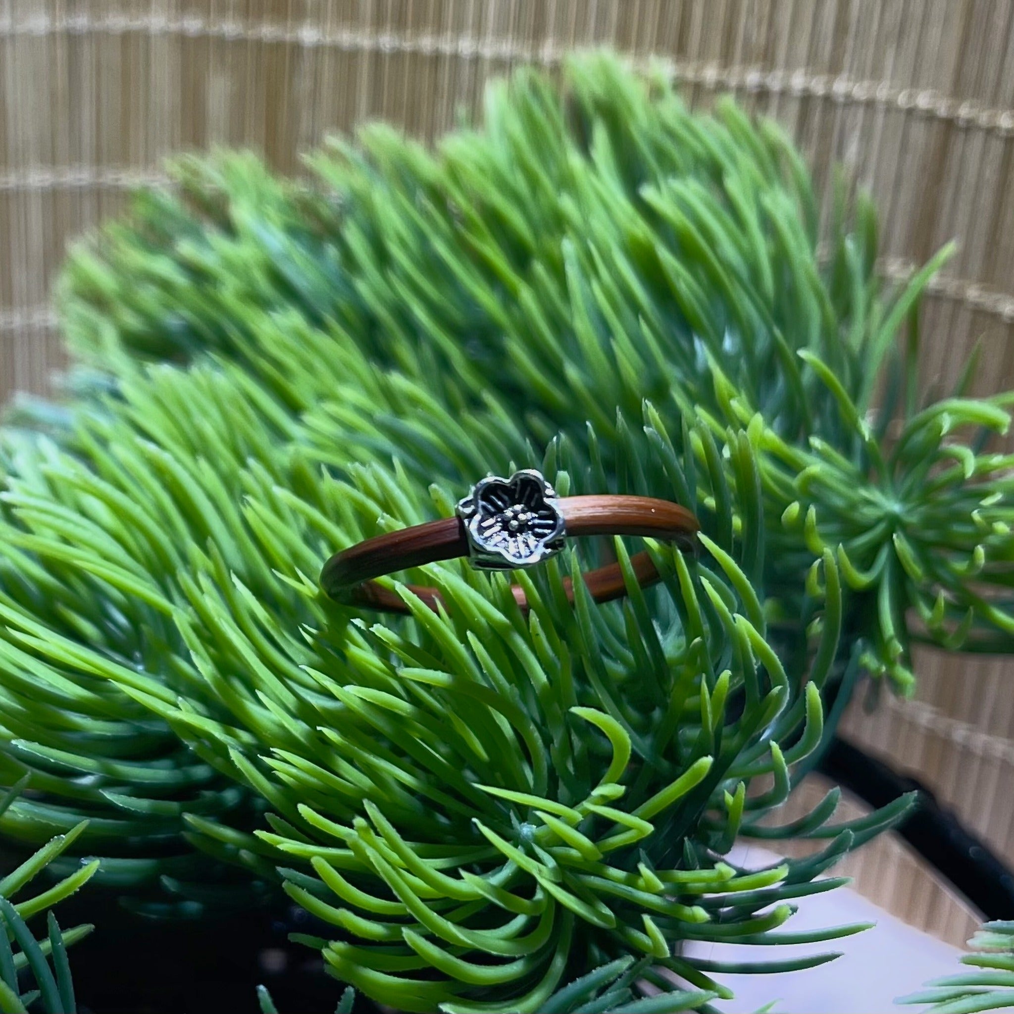 Lucky Purse Flower Vine Ring, Spatholobus vine band with sculpted silver flower charm