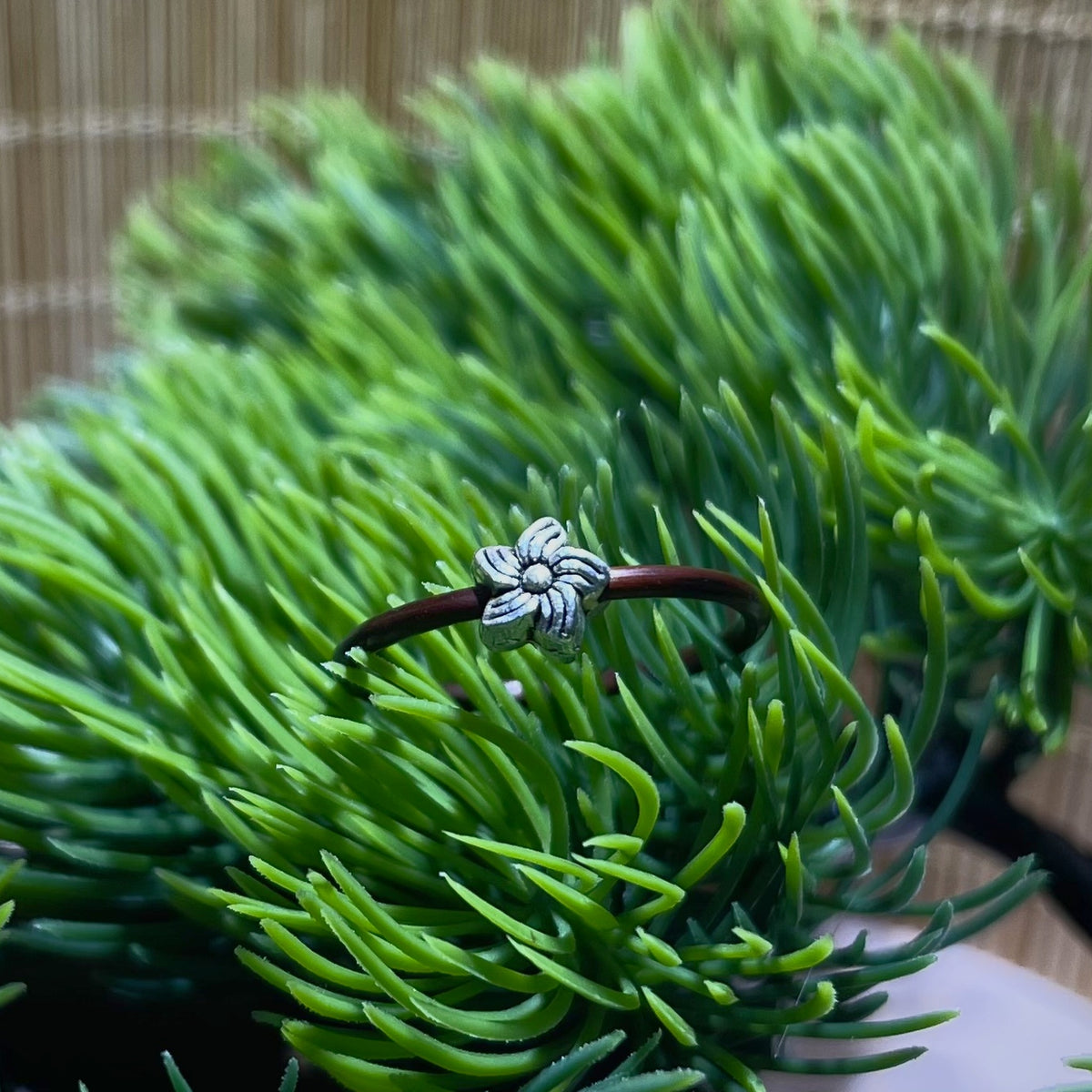 Sakura Blossom Vine Ring, Spatholobus vine band with silver cherry blossom charm