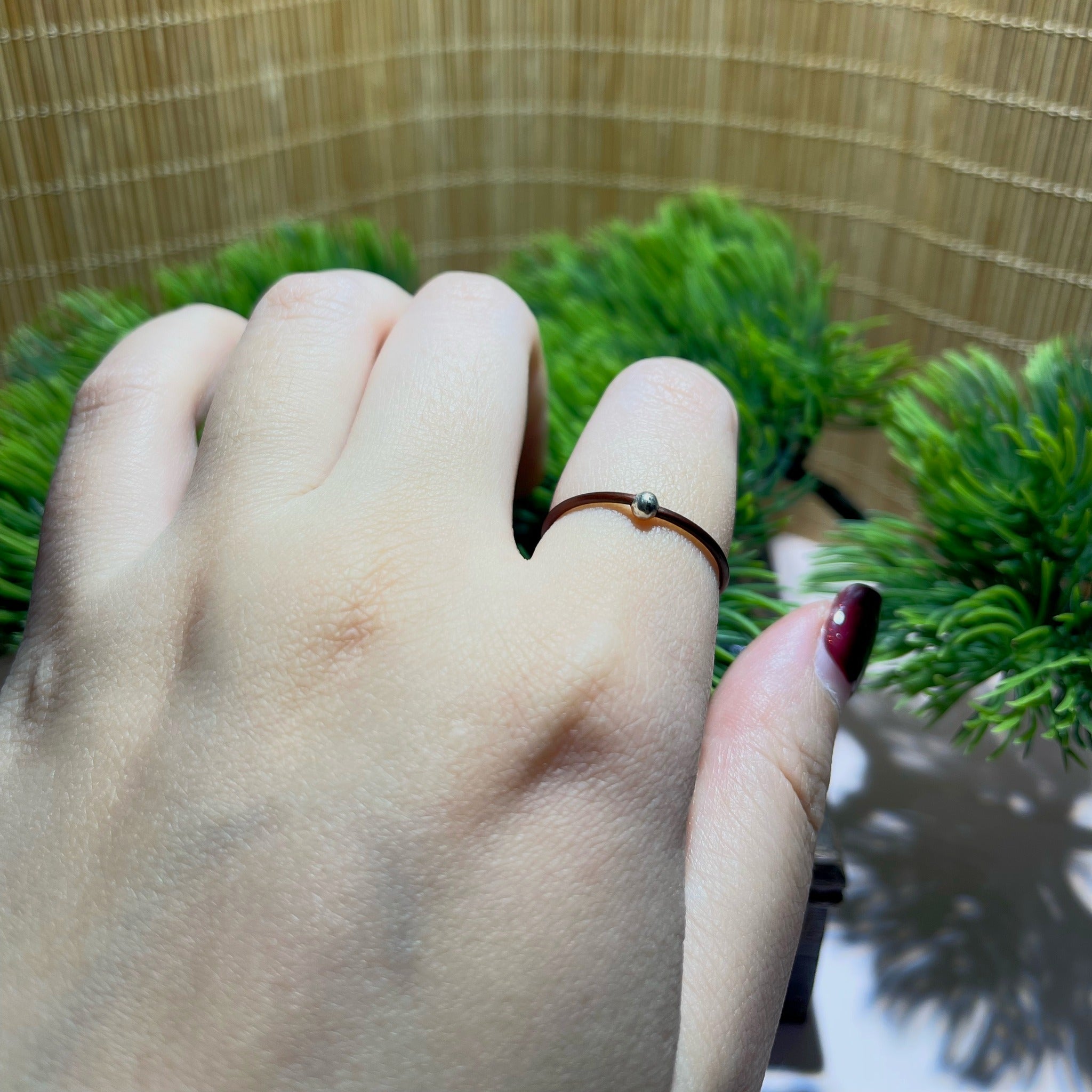 Silver Bead Vine Ring worn on hand